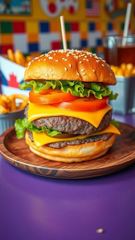 A Krusty Burger with beef patty, cheese, lettuce, tomato, and pickles on a toasted bun, served with fries.
